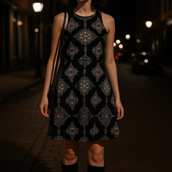 Y2K Medallion Print Fit & Flare Skater Dress High Neck Indie S Boho Chic - Picture 10 of 10